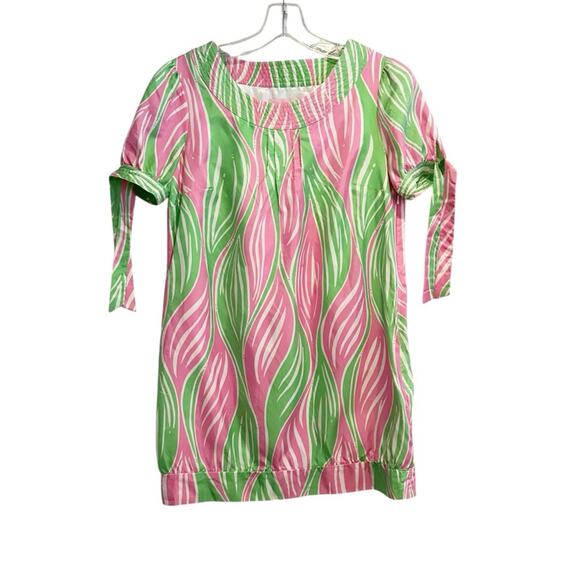 Lilly Pulitzer Silk Mini Dress Size 4 Pink Green Leaf Print Tie Short Sleeve - Picture 14 of 14